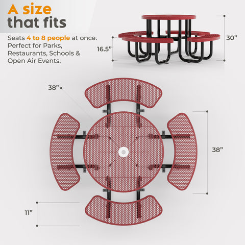 Metal Picnic Table - Round Expanded Metal - 38 in - Red