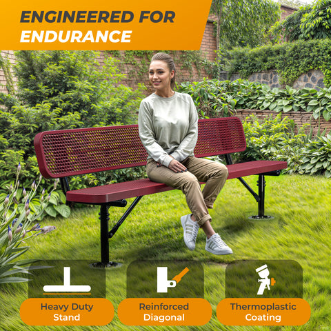 Heavy-Duty Outdoor Bench - Expanded Metal - 8ft - Surface - Red - With Backrest