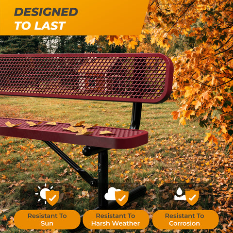 Heavy-Duty Outdoor Bench - Expanded Metal - 6ft - Portable - With Back - Red