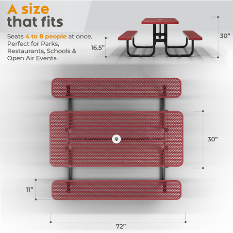 Metal Picnic Table - Rectangle Expanded Metal - 6ft - Red - ADA Compliant