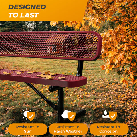 Heavy-Duty Outdoor Bench - Expanded Metal - 8ft - Portable - Red - With Backrest