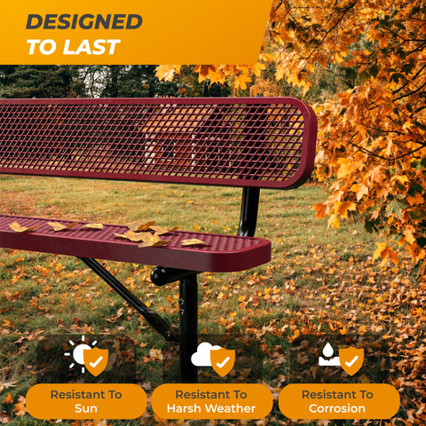 Heavy-Duty Outdoor Bench - Expanded Metal - 6ft - Inground - With Back - Red