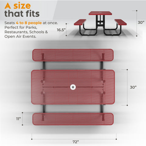 Metal Picnic Table - Rectangle Punched Metal - 6ft - Red - ADA Compliant