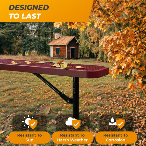 Heavy-Duty Outdoor Bench - Expanded Metal - 6ft - Inground - No Back - Red