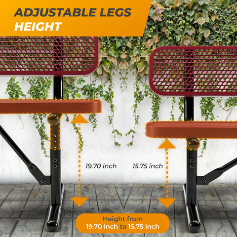 Heavy-Duty Outdoor Bench - Expanded Metal - 6ft - Portable - With Back - Red