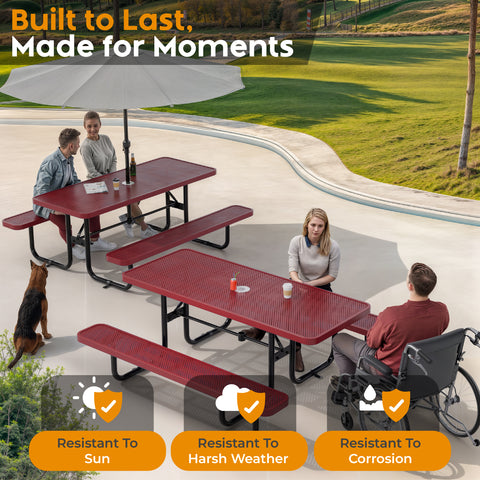 Metal Picnic Table - Rectangle Punched Metal - 6ft - Red - ADA Compliant