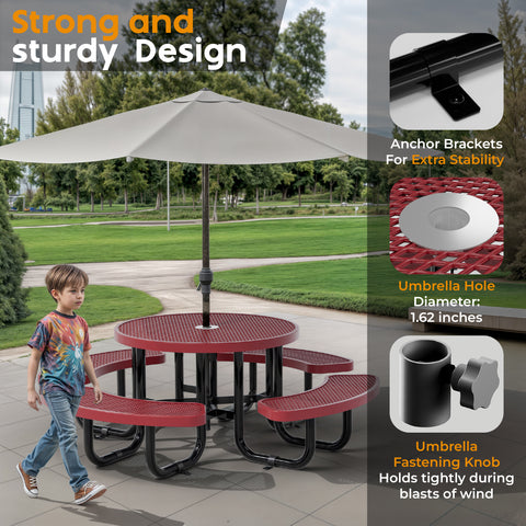 Kids Picnic Table - Round Expanded Metal - 38 in - Red