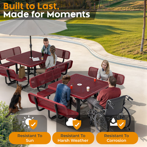 Metal Picnic Table - Square Expanded Metal - 46 in - Red - With Backrest - ADA Compliant