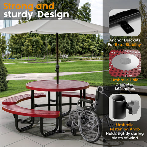 Metal Picnic Table - Round Punched Metal - 46 in - Red - ADA Compliant