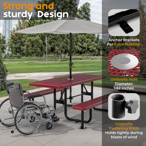 Metal Picnic Table - Rectangle Expanded Metal - 6ft - Red - ADA Compliant