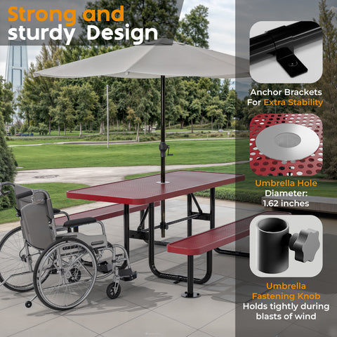 Metal Picnic Table - Rectangle Punched Metal - 6ft - Red - ADA Compliant