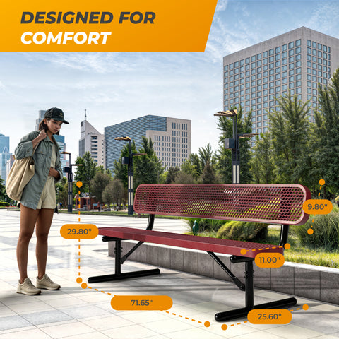 Heavy-Duty Outdoor Bench - Expanded Metal - 6ft - Portable - With Back - Red