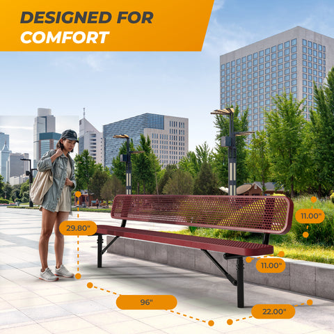 Heavy-Duty Outdoor Bench - Expanded Metal - 8ft - Inground - Red - With Backrest