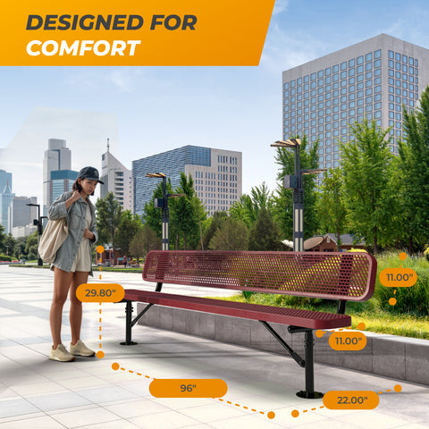 Heavy-Duty Outdoor Bench - Expanded Metal - 8ft - Surface - Red - With Backrest