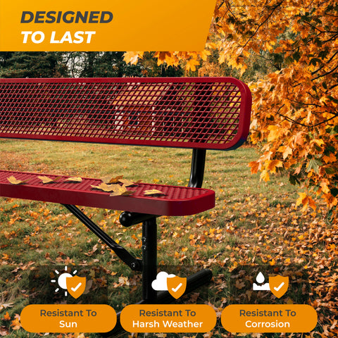 Heavy-Duty Outdoor Bench - Expanded Metal - 4ft - Portable - Red - With Backrest