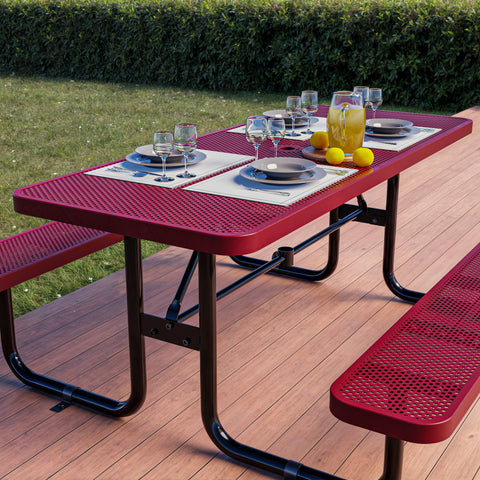 Metal Picnic Table - Rectangle Punched Metal - 6ft - Red - ADA Compliant
