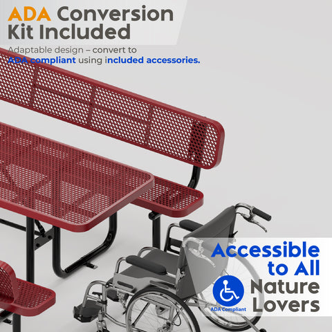 Metal Picnic Table - Rectangle Expanded Metal - 8ft - Red - ADA Compliant