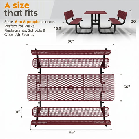 Metal Picnic Table - Rectangle Expanded Metal - 8ft - Red - ADA Compliant