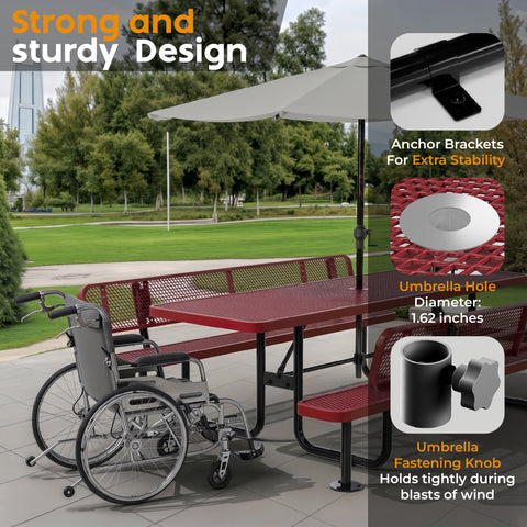 Metal Picnic Table - Rectangle Expanded Metal - 8ft - Red - ADA Compliant