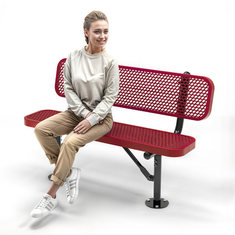 Heavy-Duty Outdoor Bench - Expanded Metal - 4ft - Surface - Red - With Backrest