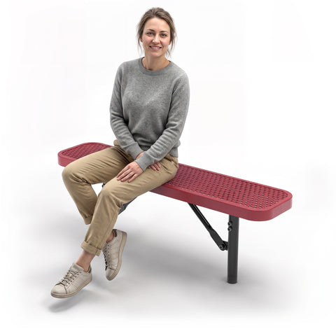 Heavy-Duty Outdoor Bench - Expanded Metal - 4ft - Inground - Red - No Back