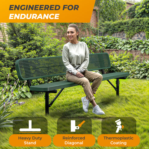 Heavy-Duty Outdoor Bench - Expanded Metal - 8ft - Inground - Green - With Backrest