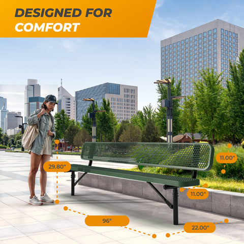 Heavy-Duty Outdoor Bench - Expanded Metal - 8ft - Inground - Green - With Backrest