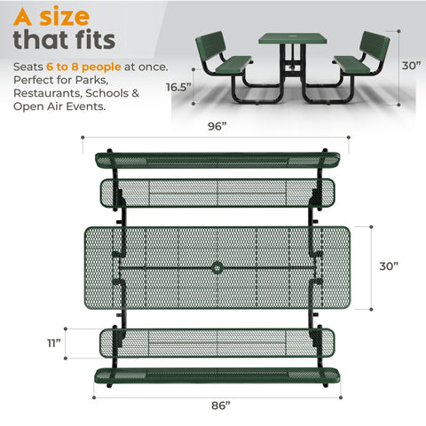 Metal Picnic Table - Rectangle Expanded Metal - 8ft - Green - ADA Compliant