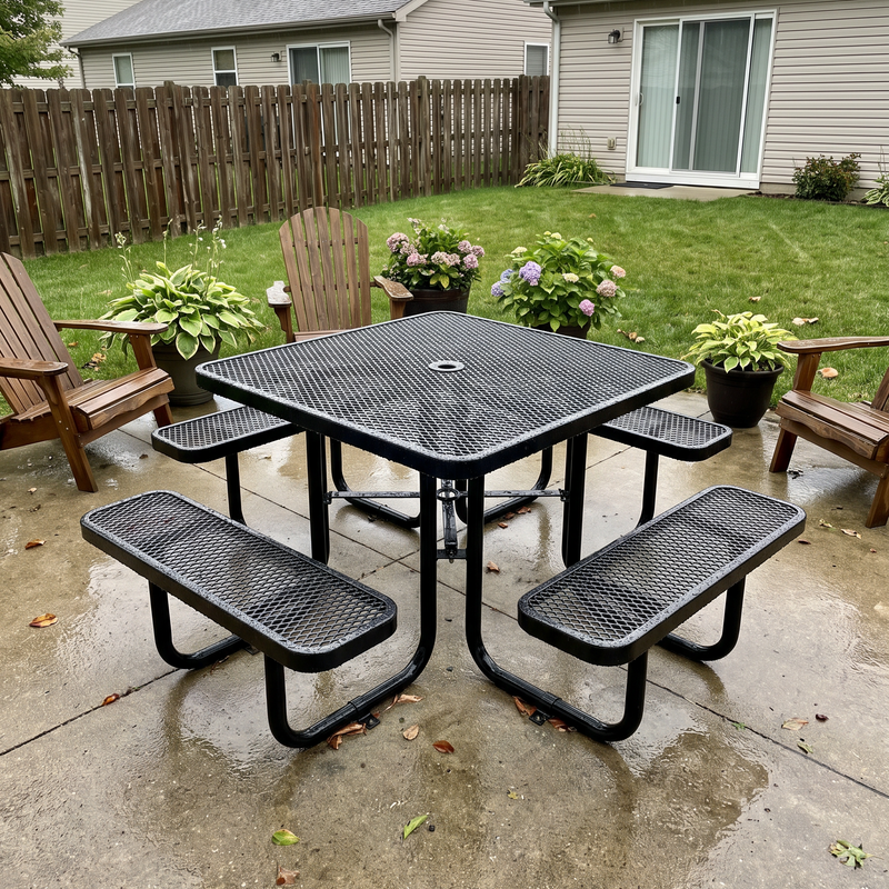 A black metal picnic table with four matching bench seats on a wet concrete patio in a backyard setting, with Adirondack chairs, potted plants, a wooden fence, and houses in the background.