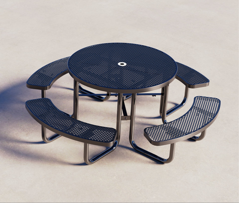 Round metal picnic table with four benches on a white background