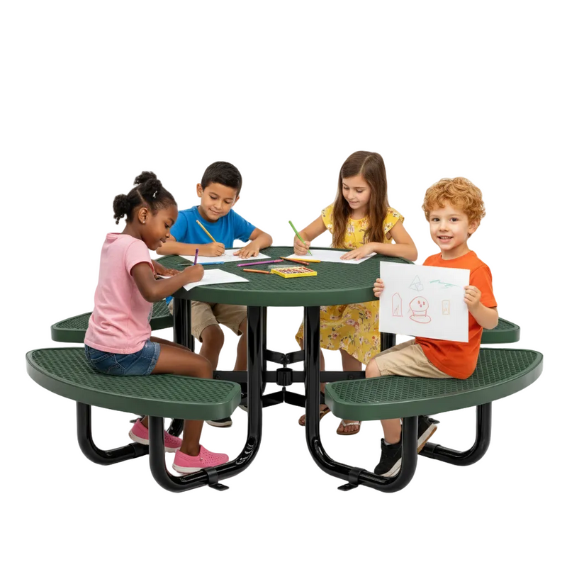 Children sitting around a green round table, engaged in an activity.