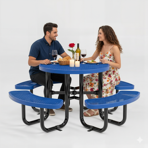 Metal Picnic Table - Round Expanded Metal - 38 in - Blue