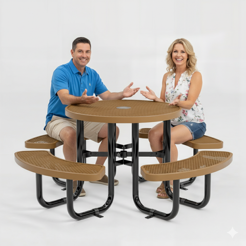 Metal Picnic Table - Round Expanded Metal - 38 in - Brown