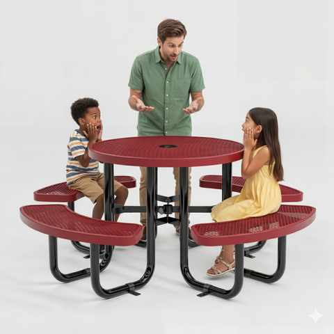 Metal Picnic Table - Round Expanded Metal - 38 in - Red
