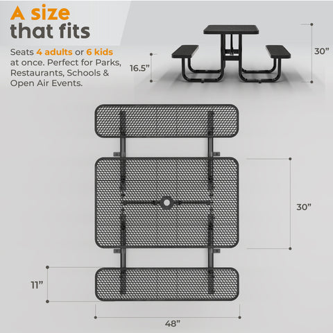 Metal Picnic Table - Rectangle Expanded Metal - 4ft - Black