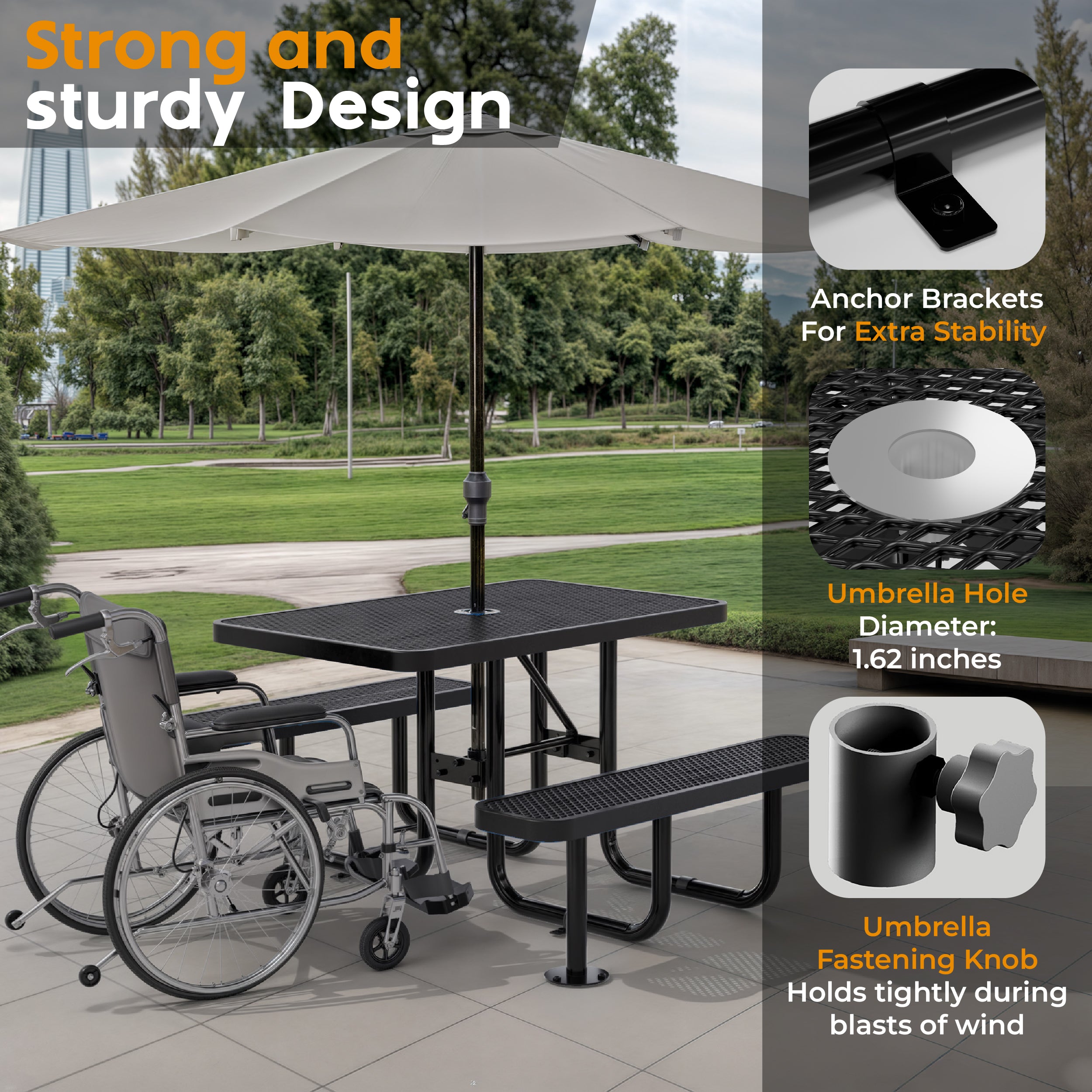 ADA セット Metal Picnic Table - Rectangle Expanded Metal - 4ft - Black - ADA