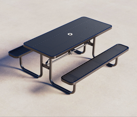 Blue metal picnic table on a light gray background