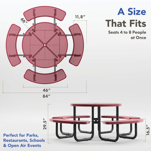 Picnic Table - Round Expanded Metal - 46 in- Red