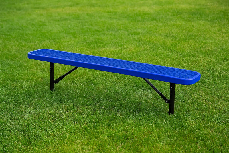 Blue bench on a grassy field