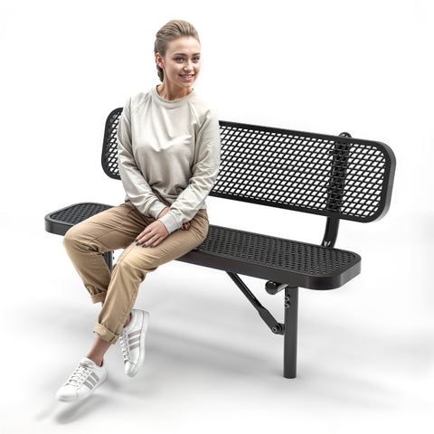 Heavy-Duty Outdoor Bench - Expanded Metal - 4ft - Inground - Black - With Backrest
