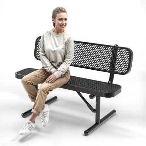 Heavy-Duty Outdoor Bench - Expanded Metal - 4ft - Portable - Black - With Backrest