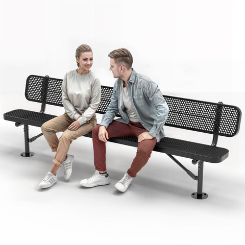 Heavy-Duty Outdoor Bench - Expanded Metal - 8ft - Surface - Black - With Backrest