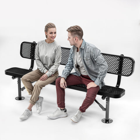 Heavy-Duty Outdoor Bench - Expanded Metal - 6ft - Surface - With Back - Black