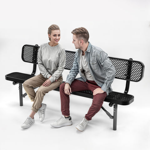 Heavy-Duty Outdoor Bench - Expanded Metal - 6ft - Inground - With Back - Black