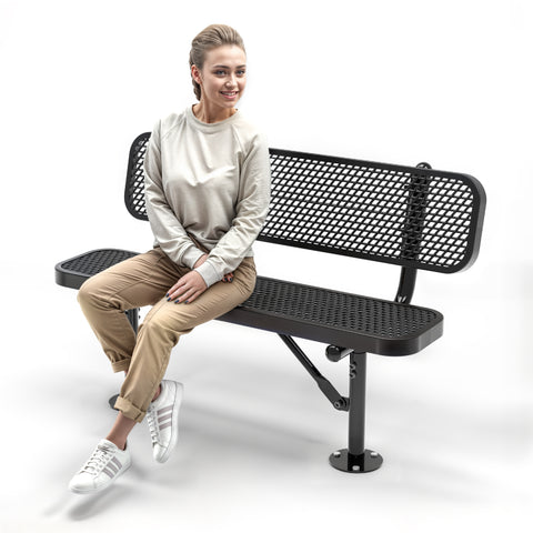 Heavy-Duty Outdoor Bench - Expanded Metal - 4ft - Surface - Black - With Backrest