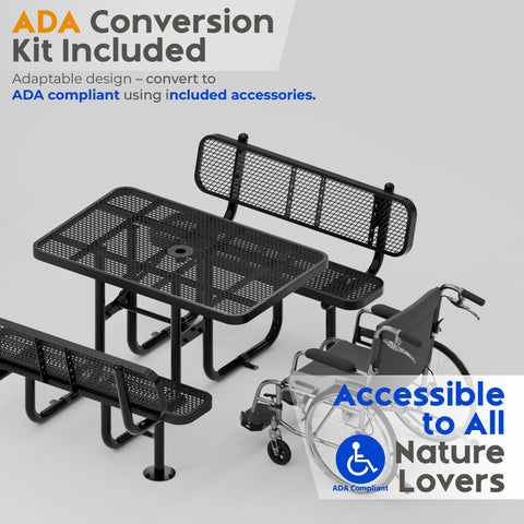 Metal Picnic Table - Rectangle Expanded Metal - 4ft - Black - Backrest - ADA Compliant