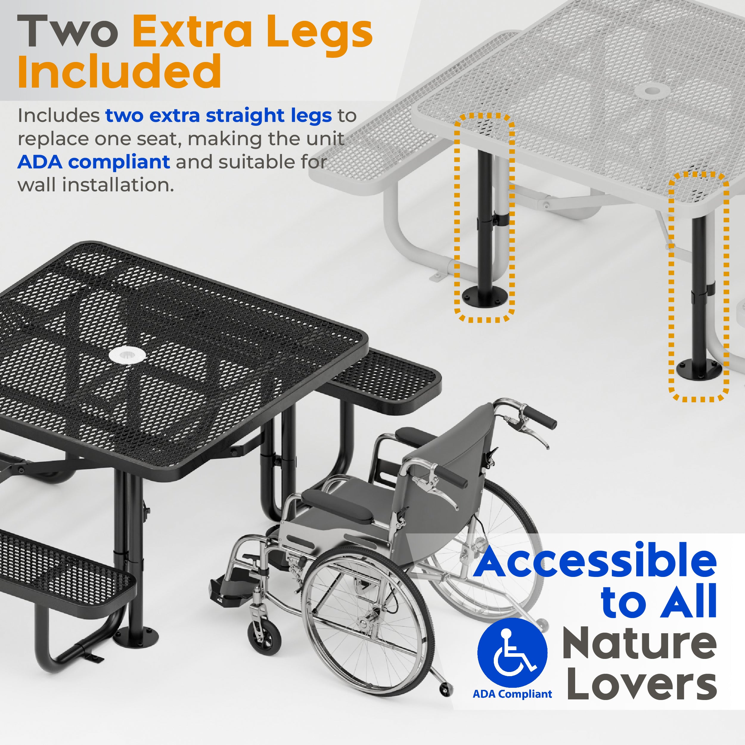 Metal Picnic Table - Square Expanded Metal - 46 in - Black - ADA