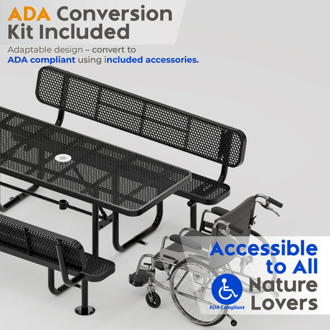 Metal Picnic Table - Rectangle Expanded Metal - 6ft - Black - With Backrest