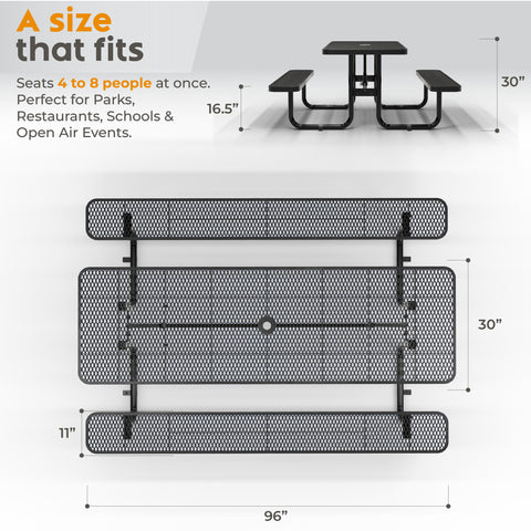 Metal Picnic Table - Rectangle Expanded Metal - 8ft - Black