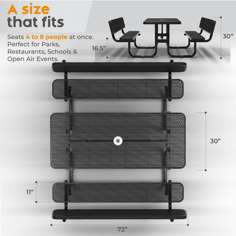 Metal Picnic Table - Rectangle Expanded Metal - 6ft - Black - With Backrest